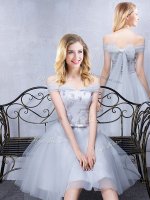 Off the Shoulder Short Sleeves Knee Length Grey Dama Dress Tulle Sleeveless Lace and Appliques and Belt