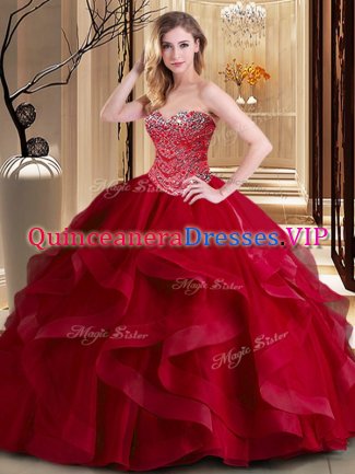 Sleeveless Tulle Floor Length Lace Up Sweet 16 Dresses in Wine Red with Beading and Ruffles