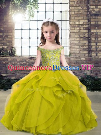 Elegant Olive Green Lace Up Off The Shoulder Beading Child Pageant Dress Tulle Sleeveless