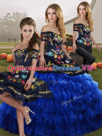 Perfect Blue And Black Quinceanera Gowns Military Ball and Sweet 16 and Quinceanera with Embroidery and Ruffled Layers Off The Shoulder Sleeveless Lace Up