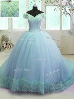 Glorious Light Blue Quince Ball Gowns Military Ball and Sweet 16 and Quinceanera with Hand Made Flower Off The Shoulder Sleeveless Court Train Lace Up