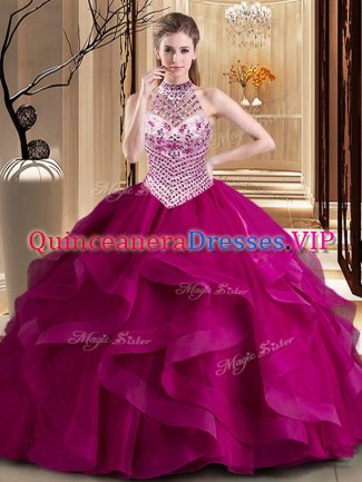 Hot Sale Halter Top Beading and Ruffles Vestidos de Quinceanera Fuchsia Lace Up Sleeveless With Brush Train