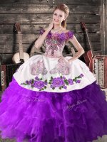 Off The Shoulder Sleeveless Organza Quinceanera Gowns Embroidery Lace Up