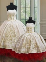 Simple White and Red Quince Ball Gowns Military Ball and Sweet 16 and Quinceanera with Embroidery and Ruffled Layers Strapless Sleeveless Lace Up