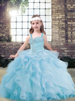 Light Blue Sleeveless Tulle Lace Up Kids Formal Wear for Party and Military Ball and Wedding Party