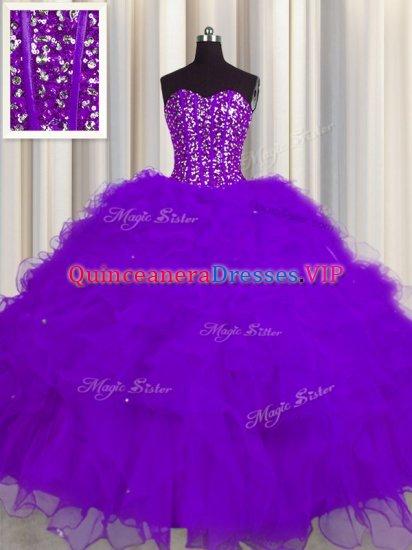 Vintage Visible Boning Purple Lace Up Vestidos de Quinceanera Beading and Ruffles and Sequins Sleeveless Floor Length - Click Image to Close