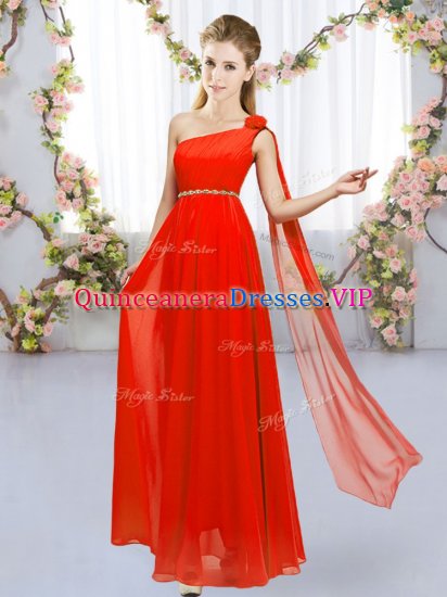 Fitting One Shoulder Sleeveless Lace Up Vestidos de Damas Red Chiffon - Click Image to Close