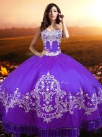 Traditional Sweetheart Sleeveless Quinceanera Gown Floor Length Beading and Appliques Purple Taffeta