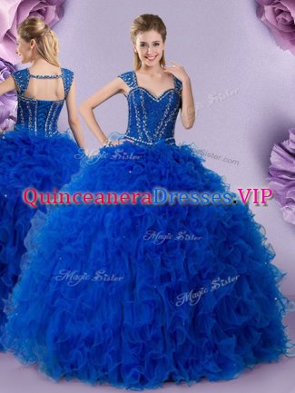 Delicate Royal Blue Ball Gowns Tulle Straps Cap Sleeves Beading and Ruffles Floor Length Lace Up Quinceanera Gowns