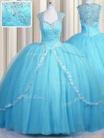 Lovely See Through With Train Ball Gowns Cap Sleeves Baby Blue Sweet 16 Quinceanera Dress Brush Train Zipper