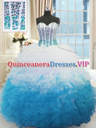 Smart Blue And White Lace Up Sweetheart Beading and Ruffles Sweet 16 Dresses Organza Sleeveless