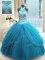 Sleeveless Floor Length Beading Lace Up Quince Ball Gowns with Baby Blue