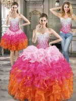 Best Three Piece Beading Sweet 16 Dress Multi-color Lace Up Sleeveless Floor Length