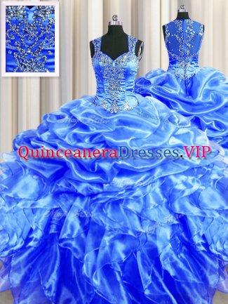 Customized Zipper Up See Through Back Straps Sleeveless Organza 15 Quinceanera Dress Beading and Ruffles and Pick Ups Zipper