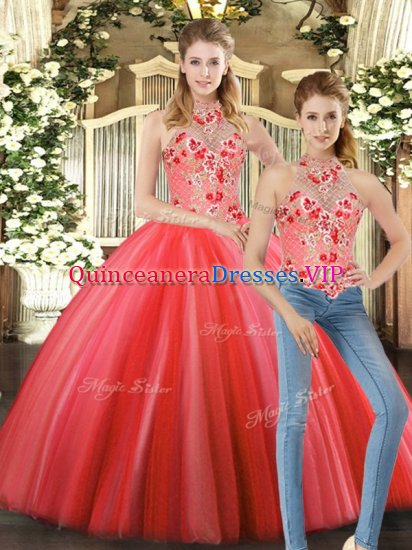 Decent Coral Red Lace Up Halter Top Embroidery Quinceanera Gown Tulle Sleeveless - Click Image to Close