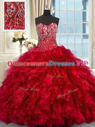 Red Sleeveless Organza Brush Train Lace Up 15 Quinceanera Dress for Military Ball and Sweet 16 and Quinceanera