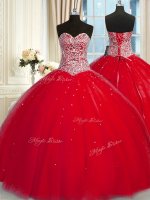 Red Tulle Lace Up Halter Top Sleeveless Quinceanera Dresses Beading and Sequins