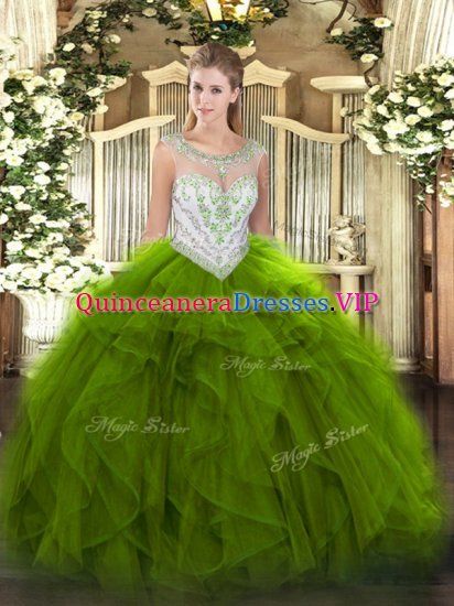 Green Tulle Zipper Quince Ball Gowns Sleeveless Floor Length Beading and Ruffles - Click Image to Close