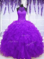 Adorable Purple High-neck Lace Up Beading and Ruffles 15 Quinceanera Dress Sleeveless(SKU PSSW091-6BIZ)