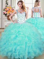 Aqua Blue Lace Up Straps Beading and Lace and Ruffles Vestidos de Quinceanera Organza Sleeveless