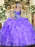 Custom Fit Sleeveless Organza Floor Length Lace Up Ball Gown Prom Dress in Lavender with Beading and Ruffles