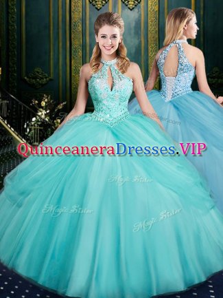 Aqua Blue Halter Top Neckline Beading and Pick Ups 15 Quinceanera Dress Sleeveless Lace Up