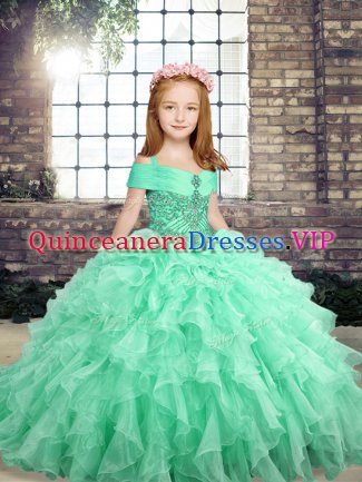 Sleeveless Organza Floor Length Lace Up Kids Formal Wear in Apple Green with Beading and Ruffles