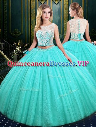 Latest Scoop Sleeveless Tulle and Sequined Floor Length Lace Up Quinceanera Dresses in Blue with Lace and Sequins