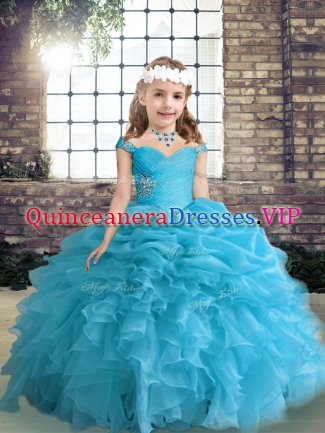 Nice Straps Sleeveless Organza Little Girls Pageant Gowns Beading and Ruffles and Pick Ups Lace Up