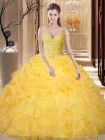 Trendy Pick Ups Floor Length Gold Quinceanera Gown V-neck Sleeveless Backless