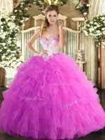 Great Rose Pink Sleeveless Beading and Ruffles Floor Length Sweet 16 Dresses