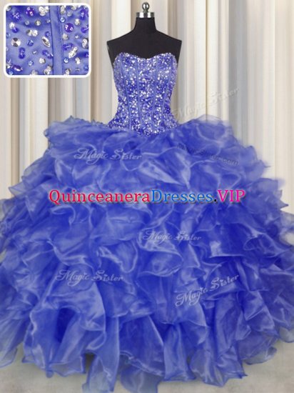 Comfortable Visible Boning Organza Sleeveless Floor Length Sweet 16 Quinceanera Dress and Beading and Ruffles - Click Image to Close