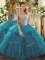 Flare Sleeveless Floor Length Beading and Ruffles Lace Up Sweet 16 Dress with Teal