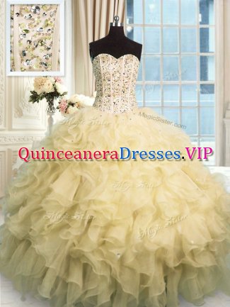 Champagne Lace Up Sweetheart Beading and Ruffles Ball Gown Prom Dress Organza Sleeveless