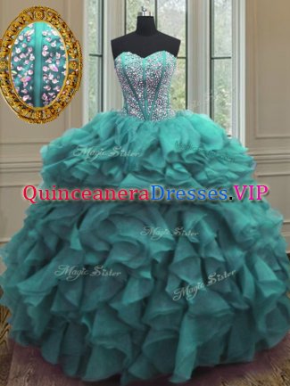 Sweet Turquoise Ball Gowns Sweetheart Sleeveless Organza Floor Length Lace Up Beading and Ruffles Quinceanera Gown