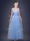 Beauteous Sleeveless Tulle Floor Length Lace Up Quinceanera Dama Dress in Light Blue with Appliques and Ruching and Bowknot