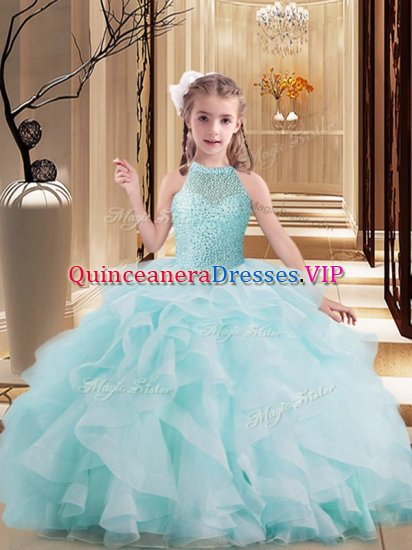 Admirable High-neck Sleeveless Custom Made Pageant Dress Brush Train Beading and Ruffles Light Blue Tulle - Click Image to Close