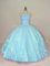 High End Sweetheart Sleeveless Quinceanera Gowns Floor Length Beading and Hand Made Flower Aqua Blue Tulle