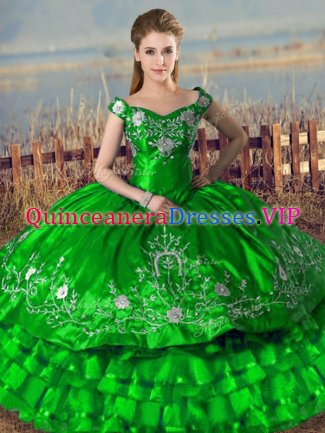 Clearance Green Sleeveless Embroidery and Ruffled Layers Floor Length Quinceanera Dresses