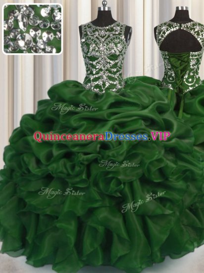 Scoop See Through Dark Green Sleeveless Floor Length Beading and Pick Ups Lace Up Party Dresses - Click Image to Close