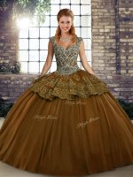 Tulle Straps Sleeveless Lace Up Beading and Appliques Sweet 16 Dresses in Brown