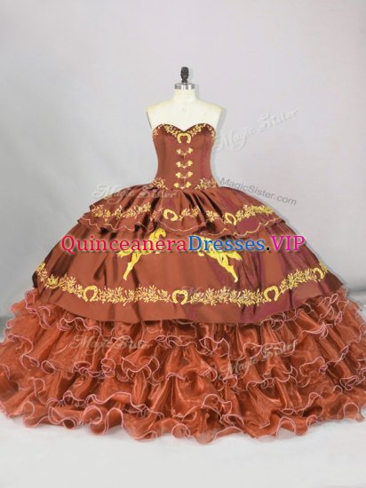 Affordable Brown Quinceanera Gown For with Embroidery and Ruffled Layers Sweetheart Sleeveless Brush Train Lace Up - Click Image to Close