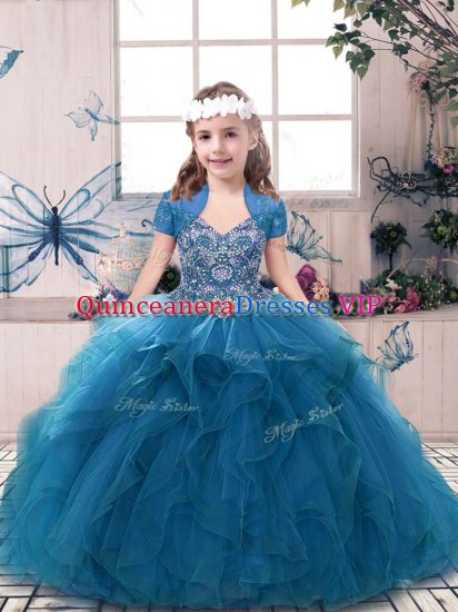 Blue Tulle Lace Up Straps Sleeveless Floor Length Little Girls Pageant Dress Wholesale Beading and Ruffles - Click Image to Close