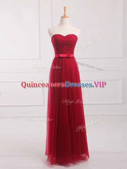 Sexy Floor Length Wine Red Quinceanera Court of Honor Dress Tulle and Lace Sleeveless Belt - Click Image to Close