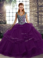 Glittering Tulle Sleeveless Floor Length Quinceanera Gowns and Beading and Ruffles