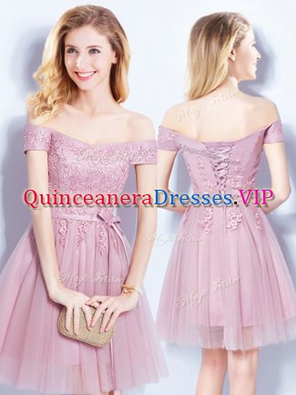 Pink Empire Tulle Off The Shoulder Sleeveless Appliques and Belt Mini Length Lace Up Court Dresses for Sweet 16