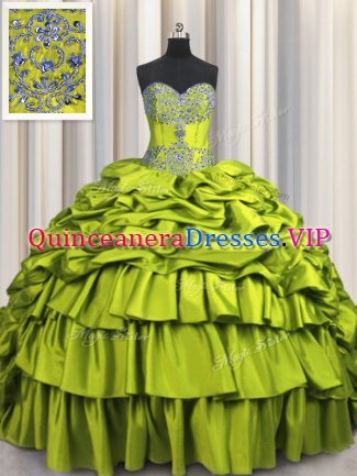 Nice Brush Train Olive Green Ball Gowns Beading and Embroidery and Ruffled Layers and Pick Ups Quinceanera Dresses Lace Up Taffeta Sleeveless Floor Length