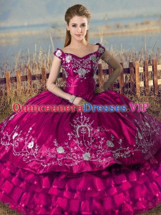 Edgy Fuchsia Lace Up Sweet 16 Quinceanera Dress Embroidery and Ruffled Layers Sleeveless Floor Length