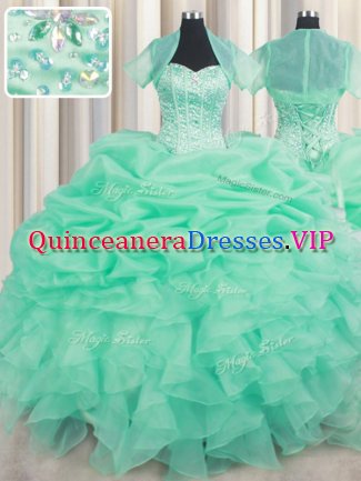 Beading and Ruffles and Pick Ups Quinceanera Dress Apple Green Lace Up Sleeveless Floor Length