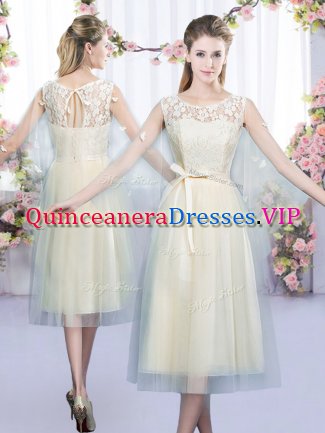 Sleeveless Tea Length Lace and Belt Lace Up Court Dresses for Sweet 16 with Champagne